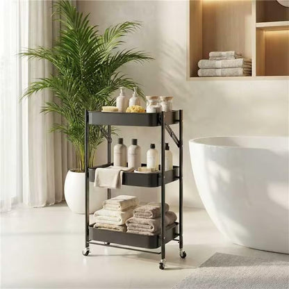 JAQ No Assembly Required Under Desk Rolling Cart, 3-Tier Foldable Metal Utility Cart, 26.8" Low Profile Storage Cart with Wheels, 10" Narrow Small Space Organizer, Black - color: Black