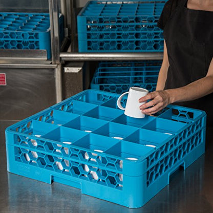 Carlisle FoodService Products Opticlean Glass Rack 16 Compartments with 1 Extender for Kitchens and Restaurants, 19.875" x 19.875" x 5.5", Compartment Size 4.45" x 4.45" Blue