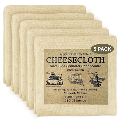 Regency Wraps 100% Cotton Ultra Fine Natural Cheese Cloth, 45 sq.ft 36" X36" 5 pcs, Chef Grade for Basting Turkey, Canning, Straining, Cheesemaking - size: 9 sq ft (Pack of 5)