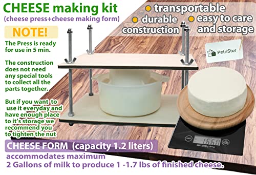 PetriStor Wooden Cheese Press for Cheese Making Supplies 12 in Metal Guides and Cheese Mold with Follower Piston 1.3Qt - Small Home Supply Cheese Press Machine - Prensa Para Queso Casero