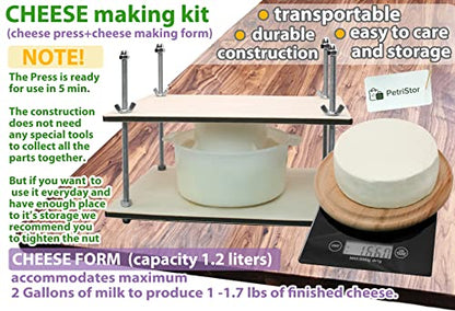 PetriStor Wooden Cheese Press for Cheese Making Supplies 12 in Metal Guides and Cheese Mold with Follower Piston 1.3Qt - Small Home Supply Cheese Press Machine - Prensa Para Queso Casero