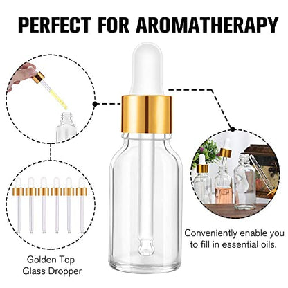 PrettyCare Glass Eye Dropper Bottles 24 Pack, 0.5oz (15ml) Clear Empty Thick Bottles Bulk with Leakproof Golden Caps - With Labels & Funnels for Storage, Travel, Essential Oils, Cuticle, Tinctures - color: 0.5oz Clear, style: 24 Pack