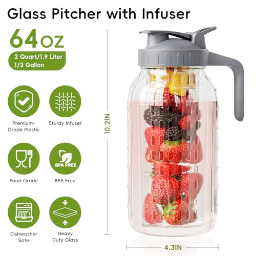 JunVpic Glass Mason Jar Pitcher, 64oz (2 Quart) Wide Mouth Jug with Dual Leak-Proof Pour Spout, Handle Lid for Fruit Drinks, Cold Brew Coffee, Ice Beverage, Iced Juice, Lemonade, Sun Tea Container - color: Light Gray, size: 64 Ounces