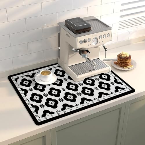 Coffee Mat Dish Drying Mat Hide Stain High Absorbent Bar Mat for Countertops Easy Clean,Fit Under Coffee Maker Machine And Accessories-12"x19",Black Flower - color: Black Fower, size: 19" x 12"