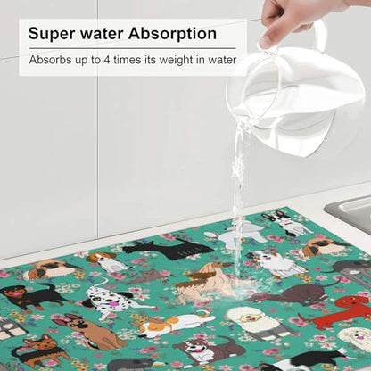 Dog Dish Drying Mat For Kitchen Microfiber Drying Mats Absorbent Reversible Dish Pad Draining Mats For Countertop Coffee Mats 18x24 Inch - color: Dog