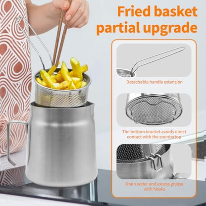 68oz Stainless Steel Oil Filter Pot with Deep Fryer Basket, Stovetop Fryer | Steel Pour Fryer for Fries, Kitchen Large Capacity Versatile Oil Strainer Vessel and Bacon Grease Saver for Cooking Grease