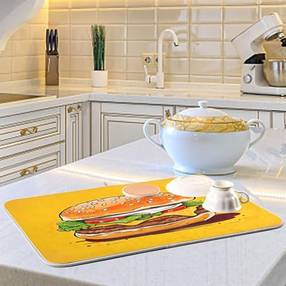 Hamburger with Cheese Dish Drying Mat for Kitchen Counter, Non Slip & Super Absorbent Dish Drainer Rack Pad for Countertops, 18 x 24 Inch - size: 18x24in