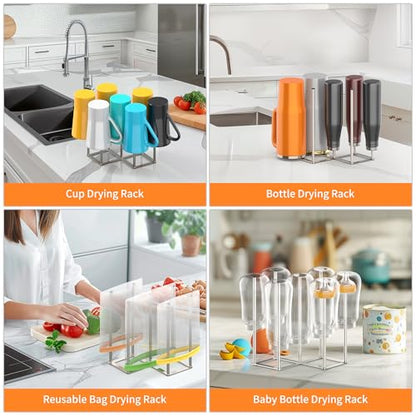 KORRTFID Foldable Bottle Drying Rack, Baby Bottle Drying Rack, Collapsible Cup Draining Holder, Retractable Reusable Storage Bag Dryer with Non-Slip Bottom - Stainless Steels (Silver) - color: Silver