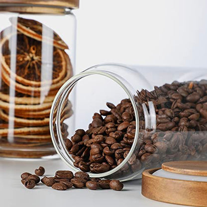 Glass Storage Jars with Wood Lid [Set of 5], Airtight Food Containers Stackable for Coffee Beans| Nuts| Pasta - color: 25oz*2+34oz*2+54oz