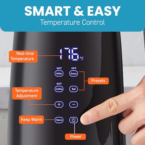 Elite Gourmet 1.7L Dual Wall Cool Touch Electric Tea Kettle, Borosilicate Glass, 304 Stainless Steel Interior, Programmed Digital Touchscreen, Keep Warm, Auto Off & Audible Indicator, Black - size: 1.8 Quarts