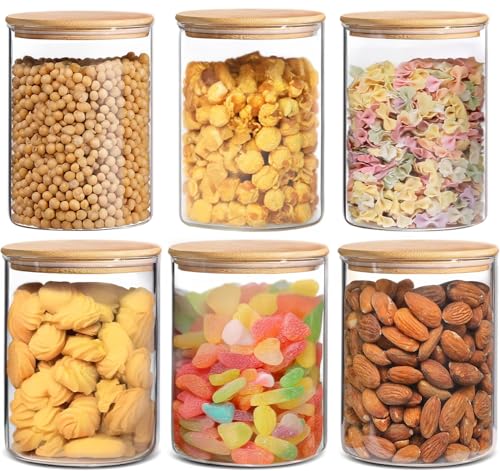 6 Pack Glass Food Storage Jars with Airtight Lids, Clear Glass Jar with Bamboo Lid, Airtight Food Canister for Tea, Candy, Coffee, Sugar, Cookie, Snack. (Round | 5+6 Inch) SET of 3 - color: Round 6 Pack (33+17oz)x3