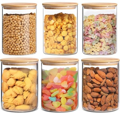 6 Pack Glass Food Storage Jars with Airtight Lids, Clear Glass Jar with Bamboo Lid, Airtight Food Canister for Tea, Candy, Coffee, Sugar, Cookie, Snack. (Round | 5+6 Inch) SET of 3 - color: Round 6 Pack (33+17oz)x3