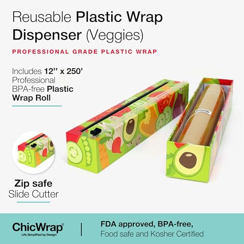 Chicwrap Veggies Refillable Plastic Wrap Dispenser - Includes One 12" x 250' Roll of Professional Grade Plastic Wrap - BPA Free and Kosher Certified - Reusable Dispenser w/Slide Cutter - style: Veggies