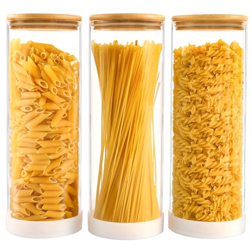 TBWIND 73oz Glass Spaghetti Pasta Containers for Pantry Organization, 3-Pack Large Airtight Food Jars with Bamboo Lids and Protective Silicone Base, Clear Storage Canisters for Flour, Cereal, Rice - color: Round/73oz/3pcs