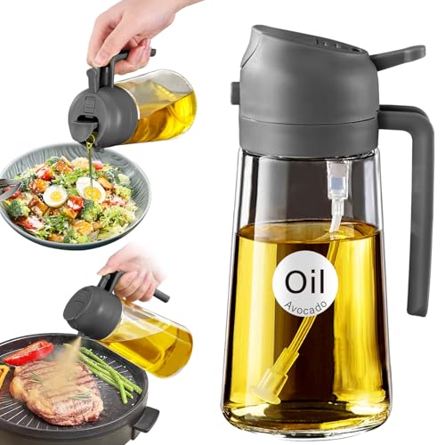YARRAMATE 16oz/470ml Oil Sprayer for Cooking with Stickers, Food-grade Premium 2 in 1 Olive Oil Dispenser Bottle for Kitchen Gadgets, Air Fryer, Salad, Frying, BBQ (Gray) - color: 05_1Pc Grey