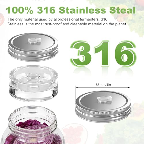 Fermentation Kit for Wide Mouth Mason Jars (86mm), 316 Stainless Steel Fermentation Lids, Glass Weights, Airlock System, Complete Home Fermenting Set (Jars Not Included)