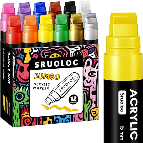 SRUOLOC 12 Colors Jumbo Markers, 15mm Jumbo Felt Tip, Acrylic Paint Markers for Rock Painting, Poster, Stone, Ceramic, Glass, Wood, Canvas - color: Multicolor