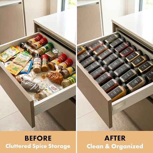 EDELHAUS Glass Spice Jars with Label, Seasoning Set, 24x Black Steel Lids | Airtight Lids keep spices fresh, Kitchen Spice Drawer Organizer, 4oz Seasoning Containers incl. Funnel, Brush & 240 Labels - color: Black Stainless Steel Lid