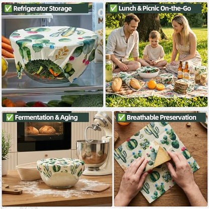 Cactus Beeswax Wraps, S/M/L 3 Pack Reusable Food Storage | Organic plastic-free sustainable wraps; For bread, sandwiches, cheese, fruit & bowl covering; Eco zero waste food storage