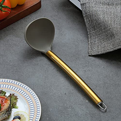 Gold Ladle, Berglander Non-stick Silicone Kitchen Ladle With Titainium Gold Plating handle, Soup Ladle, Cooking Ladle Soup Spoon For Cooking, Dishwasher Safe, Easy to Clean - style: g. Ladle