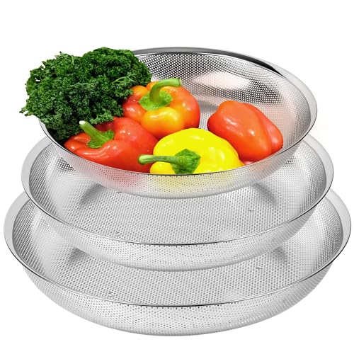 Premium 18/8 304 Stainless Steel Large Colander Set of 3, Comfortable Micro-Perforated Shallow Strainers, 5.5-7-10 Quart Tray Set, Self-Draining Solid Base for Pasta, Fruits, Vegetables - size: 5.5+7+10QT Colander