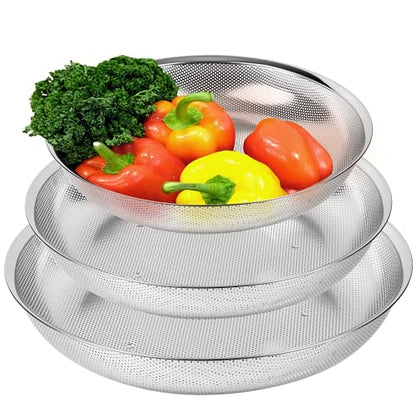 Premium 18/8 304 Stainless Steel Large Colander Set of 3, Comfortable Micro-Perforated Shallow Strainers, 5.5-7-10 Quart Tray Set, Self-Draining Solid Base for Pasta, Fruits, Vegetables - size: 5.5+7+10QT Colander