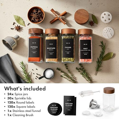 EDELHAUS Glass Spice Jars with Label, 24x Acacia Wooden Lids - Black Labels | Airtight acacia lids keep spices fresh; use as a spice organizer, seasoning containers or 4 oz jar set; funnel & 240 labels - color: Acacia Lid + Black Labels