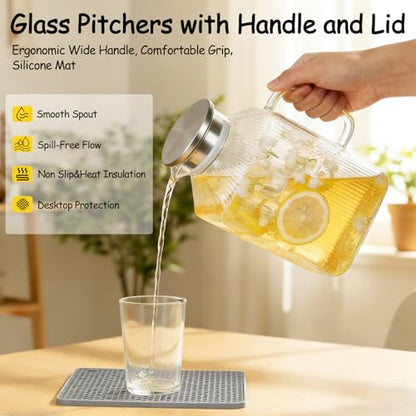 1 Gallon Glass Pitcher with Lid, Square Borosilicate Glass Carafe | Glass Water Pitcher with Handle and Spout for Fridge, Large Jug with Mat for cold & Hot Drinks, Home & Party, Dishwasher Safe