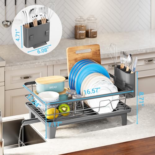 Urackify Dish Drying Rack for Kitchen Counter, Sink Dish Rack with Drainboard 12.2" W x 16.5" L, Large Dish Drainer with Cutlery Holder, Home Countertop Plate Dryer Storage Rack, Gray - color: Gray
