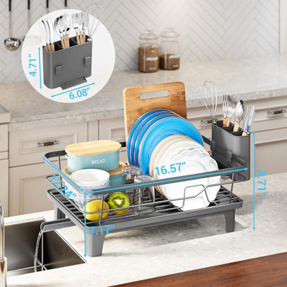 Urackify Dish Drying Rack for Kitchen Counter, Sink Dish Rack with Drainboard 12.2" W x 16.5" L, Large Dish Drainer with Cutlery Holder, Home Countertop Plate Dryer Storage Rack, Gray - color: Gray