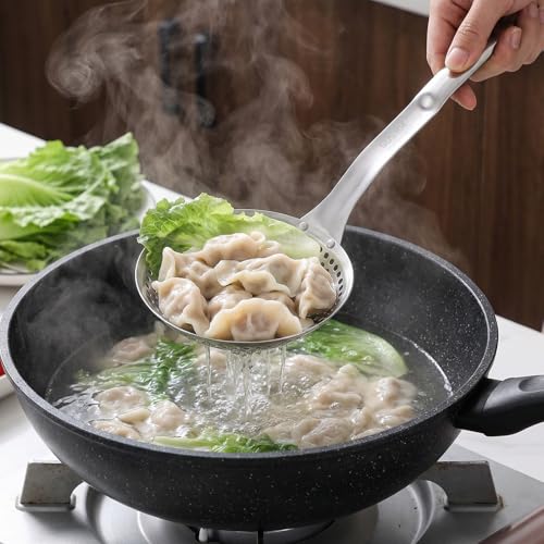 Kifmurase 2PCS Spider Strainer Skimmer Spoon Set Fine Mesh Stainless Steel Sieve Skimmer Ladle Colander with Handle, Large Hole Slotted Colander Frying Spoons for Kitchen Cooking Filter Food Residues