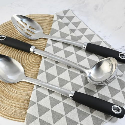 14-in Cooking Spoons Set, Heavy Duty 18/0 Stainless Steel Large Serving Spoons Set, Slotted Spoon, Cooking Spoon & Soup Ladle, Commercial and Residential Use, Pack of 3 - size: Cooking Spoons