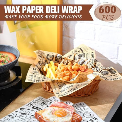 600 Pcs 12 x 12 Inch Deli Wax Paper Sheets Grease Resistant Tray Basket Liners Newsprint Paper Water and Grease Proof Sandwich Wrapping Square Hot Dog Wrappers for Food Baking (Brown,White) - color: Brown, White