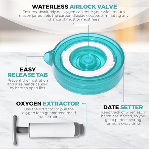 Fermentation Kit, Includes 3 Fermenting Lids for Wide Mouth Mason Jars & Oxygen Extractor Pump, Mason Jar Airlock Lid For Fermenting Kimchi, Pickle, & Sauerkraut