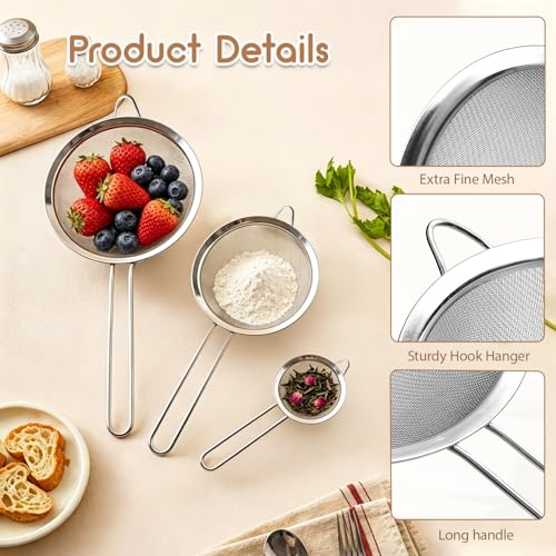 Fine Mesh Strainer Set of 3, Stainless Steel Sieve Sifters with handle, Medium Small Mini Size, Kitchen Strainers Colander Set for Sifting, Straining & Cooking