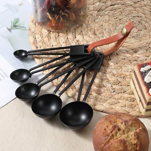 9 PCS Black Stainless Steel Measuring Cups and Spoons Set, Nesting Metal Measuring Cup with Ring Connector for Liquid and Dry Ingredients, Cooking and Baking (Black) - color: Black