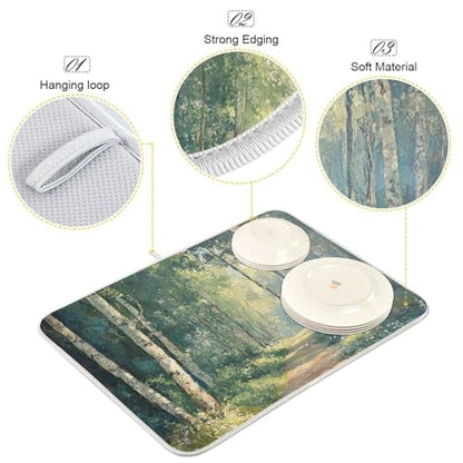 Birch Trees Path Dish Drying Mat for Kitchen Counter Super Absorbent Draining Mat with Non-slip Backed Drainer Mat for Dish Bottles Cups Bowl Draining Racks Countertops Sinks