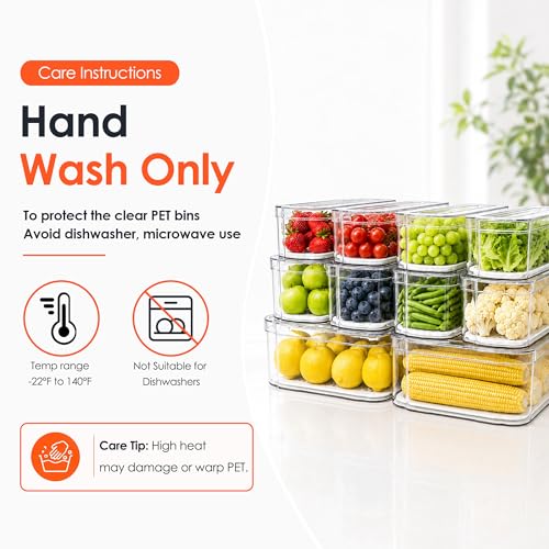 SMRCAD 10 Pack Clear Fridge Organizer Bins with Drain Trays - Stackable | BPA-Free PET, 10 Pack: 10 lidded Bins (Not drawer), Helps Keep Produce Fresh, 17.4L Capacity, Hand Wash Only - size: 10 Bins (No Pull-out Drawer)
