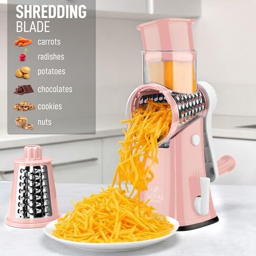 Zulay Kitchen Rotary Cheese Grater 5 Blade Cheese Shredder - Manual Hand Crank Cheese Grater With Reinforced Suction & 5 Interchangeable Drums - Easy to Use, Vegetable Chopper Round Mandoline Slicer - color: Peach & White