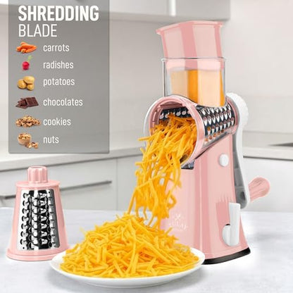 Zulay Kitchen Rotary Cheese Grater 5 Blade Cheese Shredder - Manual Hand Crank Cheese Grater With Reinforced Suction & 5 Interchangeable Drums - Easy to Use, Vegetable Chopper Round Mandoline Slicer - color: Peach & White
