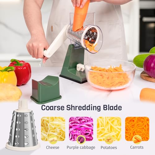 Upgraded Rotary Cheese Grater with 3 Interchangeable Stainless Steel Drums, One-Press Powerful Suction Manual Vegetable Shredder & Slicer for Kitchen, 15pcs Storage Bags Included, Olive Green - color: Olive Green