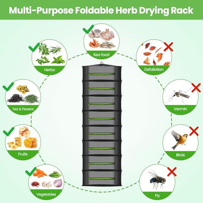 MEKOLIFE Herb Drying Rack Hanging-8 Layer, Collapsible Large Capacity Mesh Net with Green Zipper, Hooks & Bonus Garden Scissors, for Fresh Herbs/Flowers/Plants, Indoor Outdoor Use (23.62") - size: 8 Layers