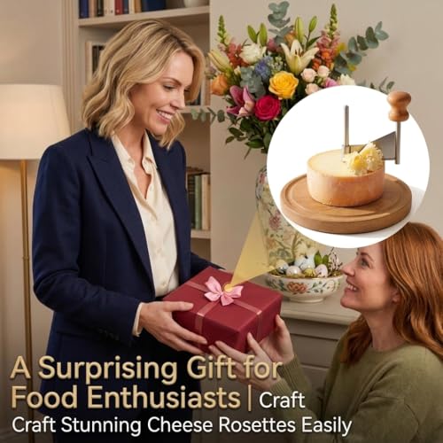 Cheese Curler Wheel – Manual Rotating Cheese Curler with Sharp Stainless Steel Blade & Non-Slip Wood Base, Makes Rosette Curls for Tete de Moine, Chocolate, Butter, Home, Parties, Charcuterie & Gifts