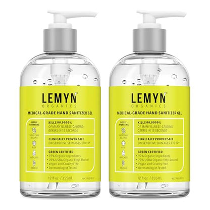 Lemyn Organics Medical‑Grade Hand Sanitizer Gel – 97 % Organic | 70 % USP Ethyl Alcohol | Moisturizing Aloe + Hyaluronic Acid | Freshly Made in USA | 12oz Bottle with Pump (PACK OF 2) - size: 12 Fl Oz (Pack of 2)