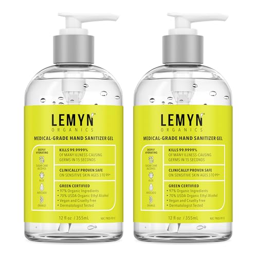 Lemyn Organics Medical‑Grade Hand Sanitizer Gel – 97 % Organic | 70 % USP Ethyl Alcohol | Moisturizing Aloe + Hyaluronic Acid | Freshly Made in USA | 12oz Bottle with Pump (PACK OF 2) - size: 12 Fl Oz (Pack of 2)