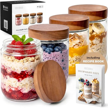 EDELHAUS Overnight Oats Containers with Lids Acacia (4 x 16oz) Glass Jars for Oatmeal, Meal Prep, Food Storage | Leak-Proof Mason Jars for Oats, Cereal, Yogurt, Chia Pudding [Thicker Glass 3mm] - color: Acacia Lid no Spoons