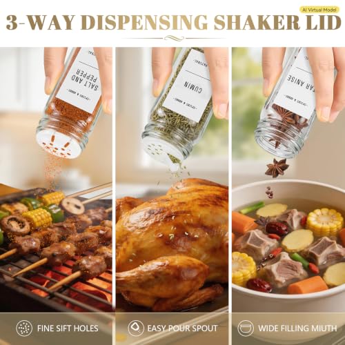 ZEHIQ 12Pcs 4oz Square Glass Spice Jars with Labels and Acacia Wood Lids | Food-Grade Seasoning Containers, Moisture-Proof, Shaker Lids, 268 Labels, Markers, Funnel, Brush, for Cabinet Drawer