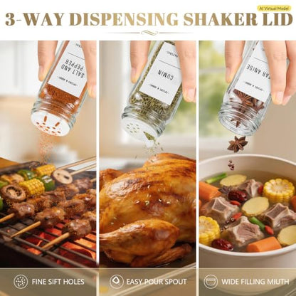 ZEHIQ 12Pcs 4oz Square Glass Spice Jars with Labels and Acacia Wood Lids | Food-Grade Seasoning Containers, Moisture-Proof, Shaker Lids, 268 Labels, Markers, Funnel, Brush, for Cabinet Drawer