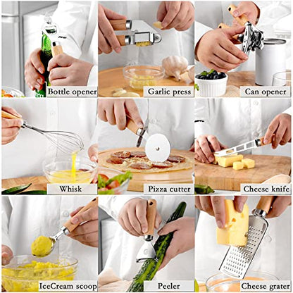 9pcs Kitchen Gadget Set with Wooden Handle, Stainless Steel Cooking Tools Kitchen Accessories Pizza Cutter, Egg Whisk, Vegetable Peeler, Can Opener, Garlic Press - color: Gadget Set