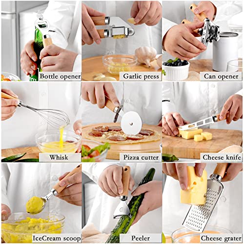 9 Pieces Kitchen Gadget Set with Wooden Handle, Stainless Steel Kitchen Tools Bottle/Can Opener, IceCream Scoop, Pizza Cutter, Peeler, Garlic Press, Cheese Knife/Grater, Whisk. - color: 9pcs kitchen tools
